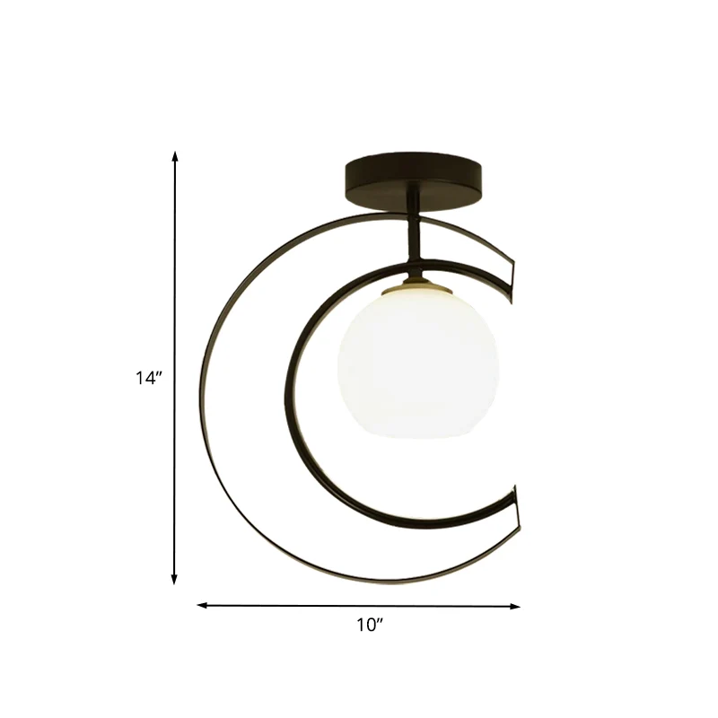 Moderne Globe semi-inbouwlamp wit glas 1-lichts slaapkamer plafondgemonteerde lamp zwart met maanijzeren frame Clearhalo