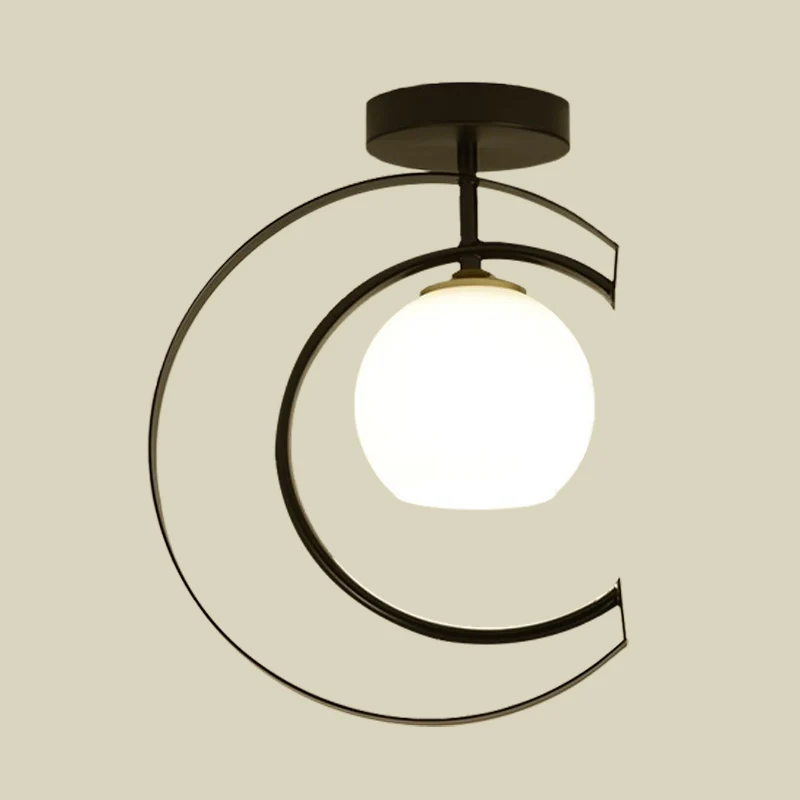 Moderne Globe semi-inbouwlamp wit glas 1-lichts slaapkamer plafondgemonteerde lamp zwart met maanijzeren frame Clearhalo