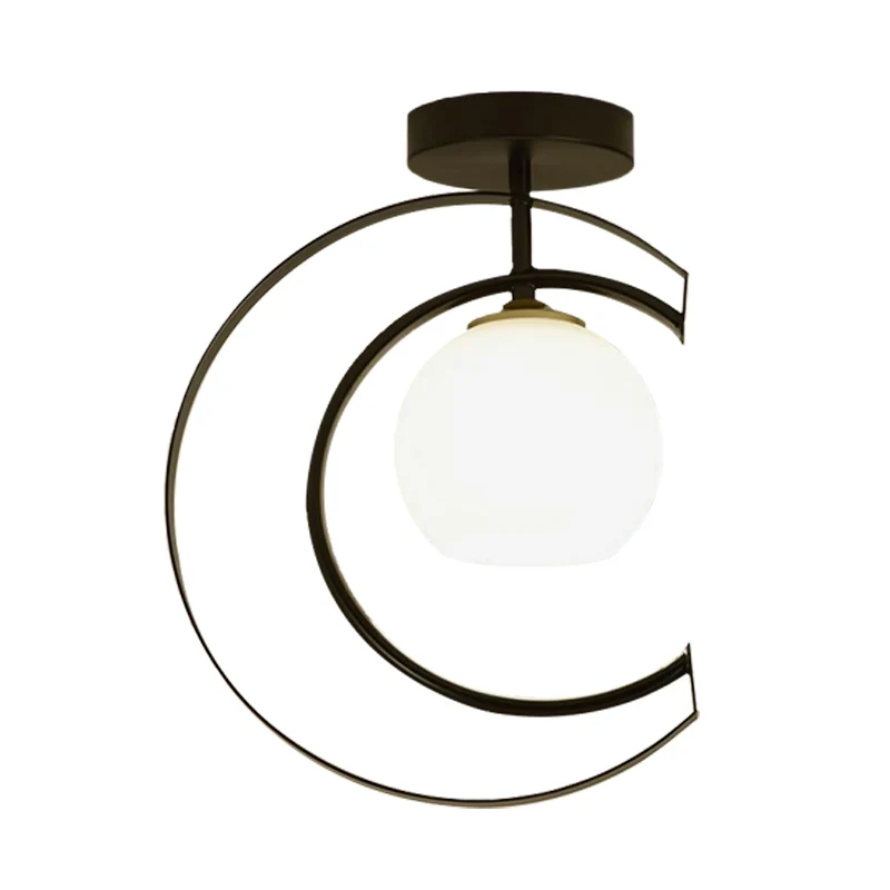 Moderne Globe semi-inbouwlamp wit glas 1-lichts slaapkamer plafondgemonteerde lamp zwart met maanijzeren frame Clearhalo