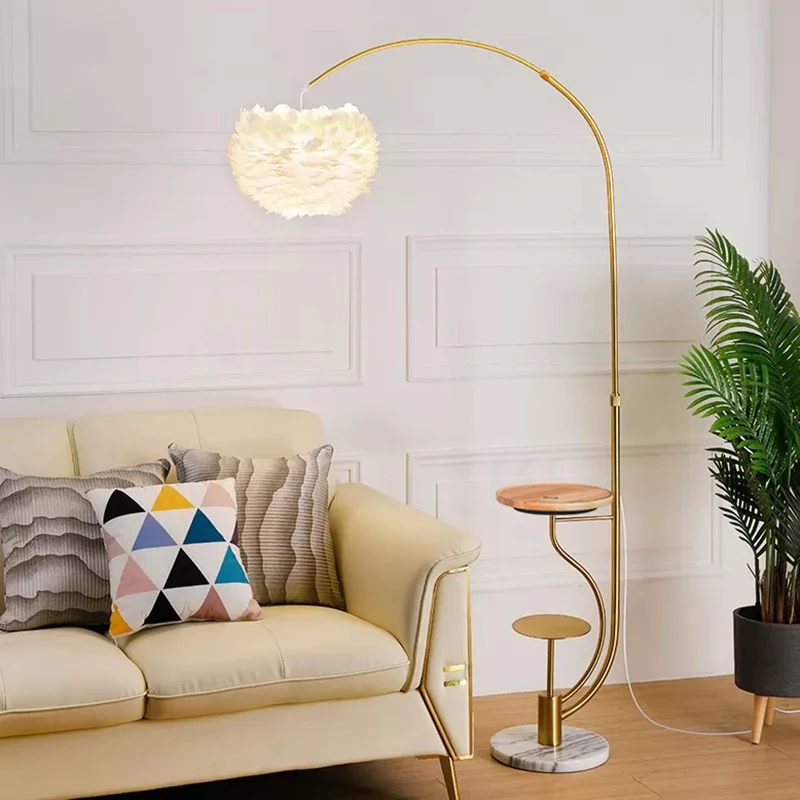 Moderne halfronde vloerlamp Feather Single Woonkamer Gebogen staande lamp met dienblad Clearhalo