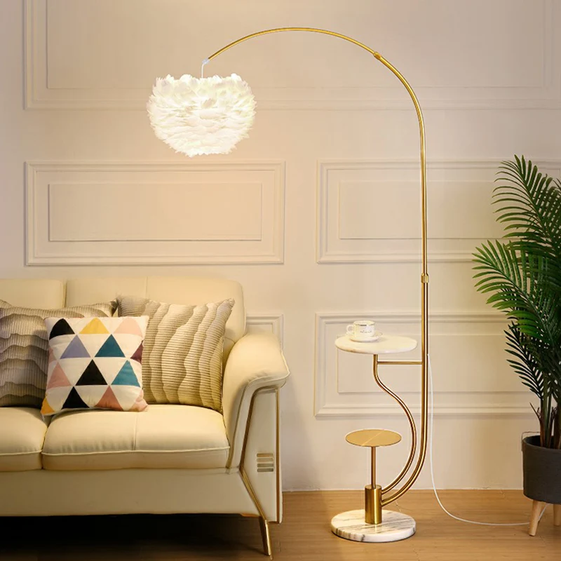 Moderne halfronde vloerlamp Feather Single Woonkamer Gebogen staande lamp met dienblad Clearhalo