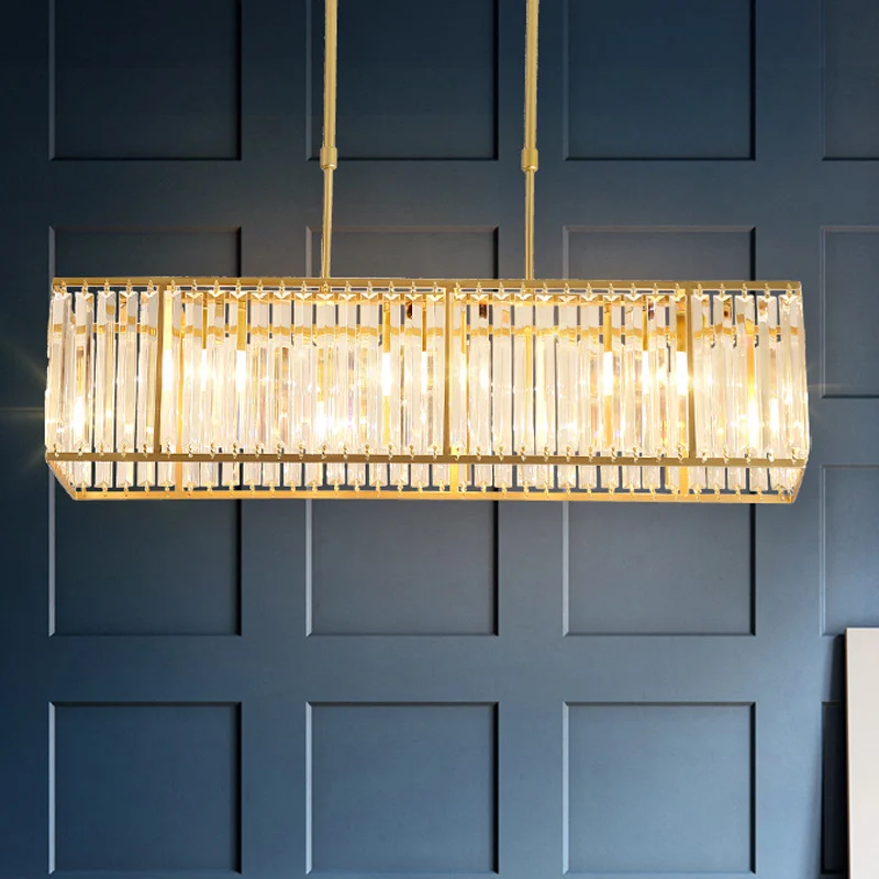 Moderne hangende eilandlamp met 3/4 lampen en rechthoekige kristallen kap zwart/goud Clearhalo