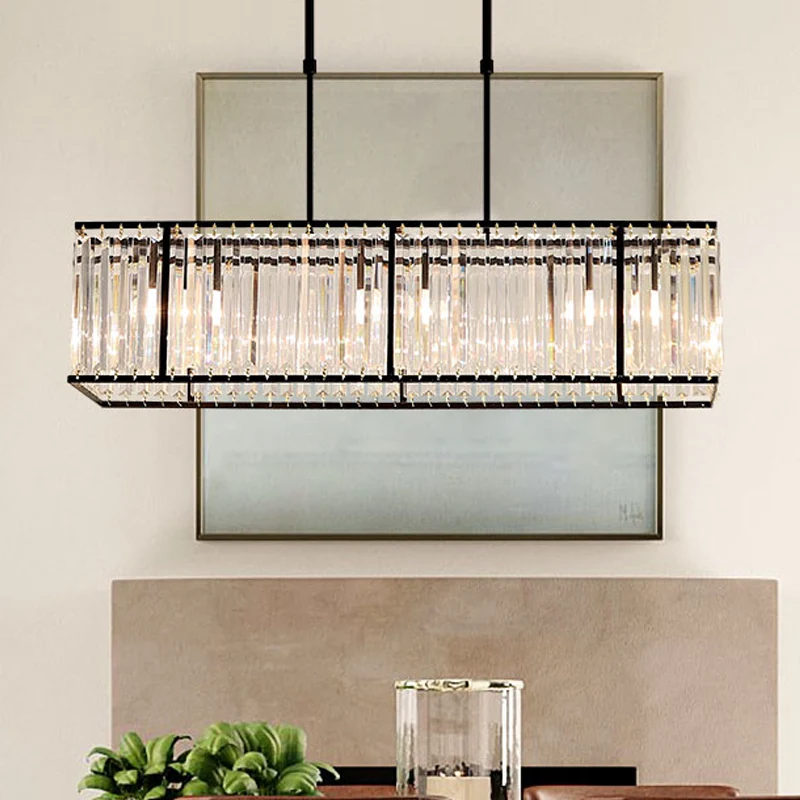 Moderne hangende eilandlamp met 3/4 lampen en rechthoekige kristallen kap zwart/goud Clearhalo