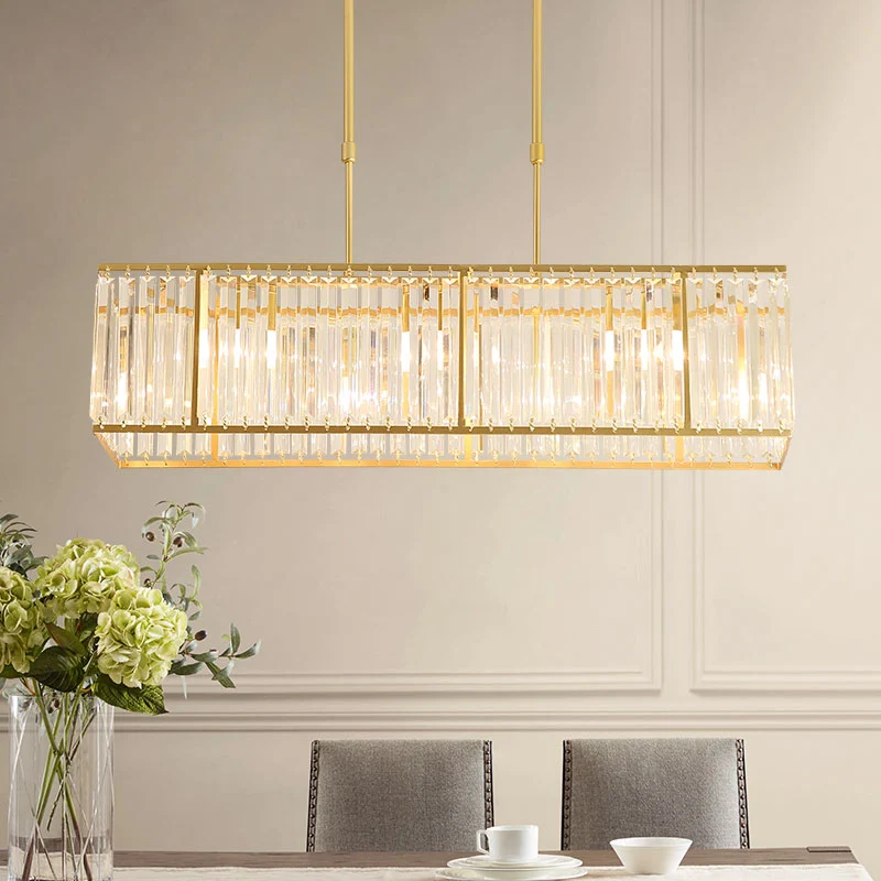 Moderne hangende eilandlamp met 3/4 lampen en rechthoekige kristallen kap zwart/goud Clearhalo