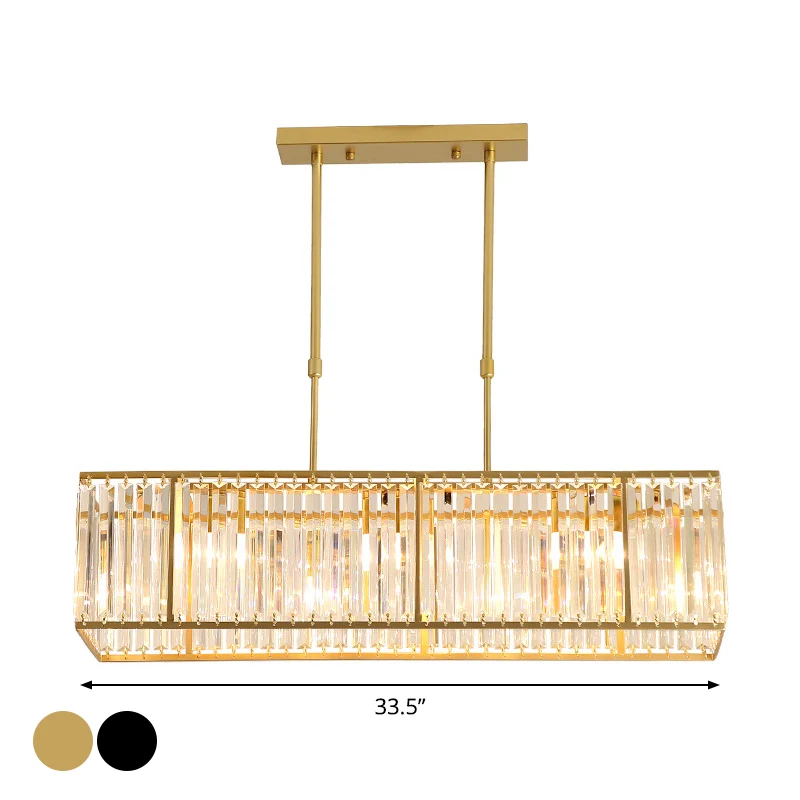 Moderne hangende eilandlamp met 3/4 lampen en rechthoekige kristallen kap zwart/goud Clearhalo