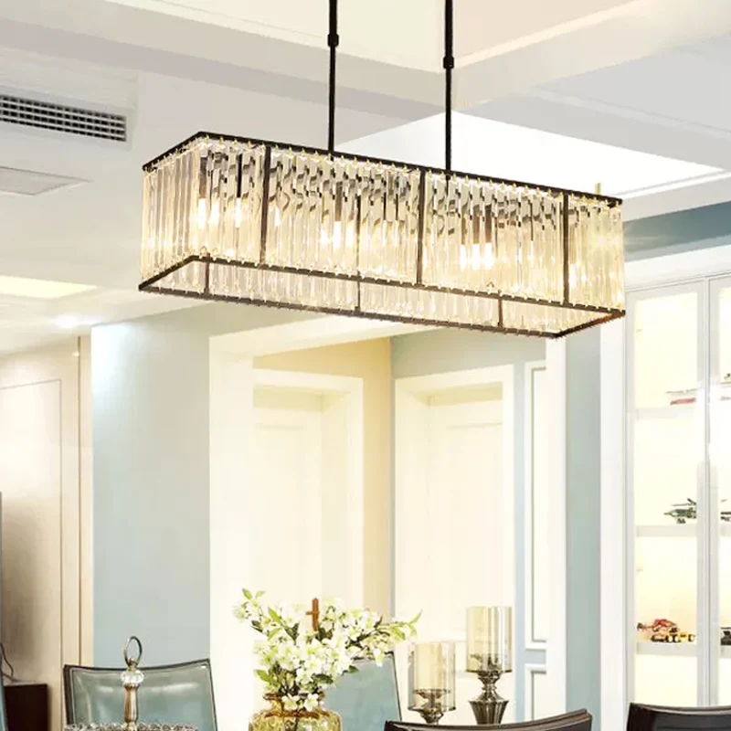 Moderne hangende eilandlamp met 3/4 lampen en rechthoekige kristallen kap zwart/goud Clearhalo