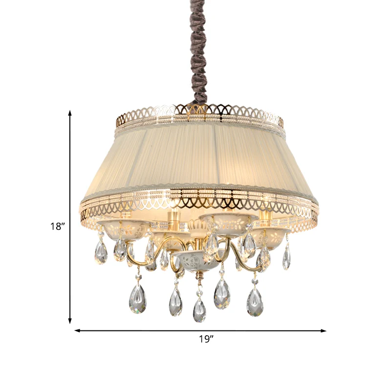 Moderne hangende kroonluchter met 4 lampen en stoffen kap, beige taps toelopende trommelkristallen verlichting Clearhalo