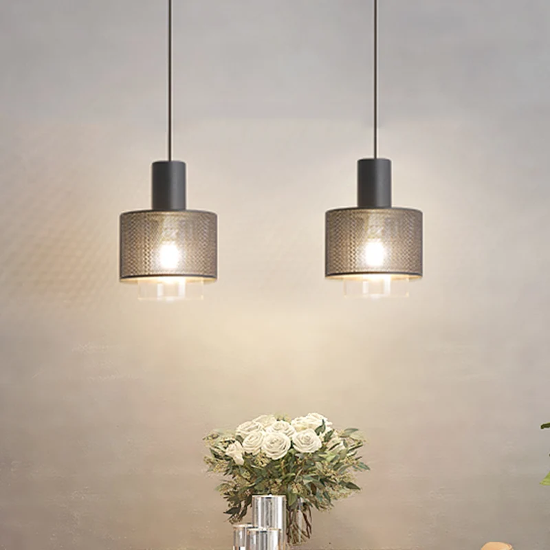 Moderne hangende plafondlamp met trommelgaas, ijzer, 1 kop, hangende plafondlamp zwart met cilindervormige helderglazen ka...