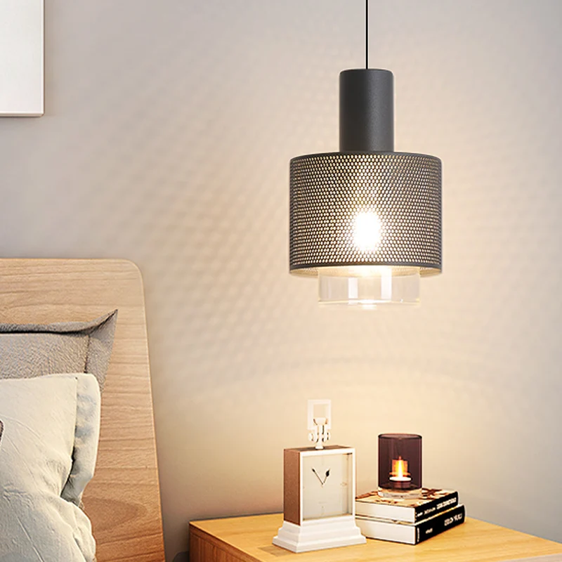 Moderne hangende plafondlamp met trommelgaas, ijzer, 1 kop, hangende plafondlamp zwart met cilindervormige helderglazen ka...