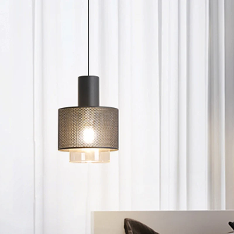 Moderne hangende plafondlamp met trommelgaas, ijzer, 1 kop, hangende plafondlamp zwart met cilindervormige helderglazen ka...