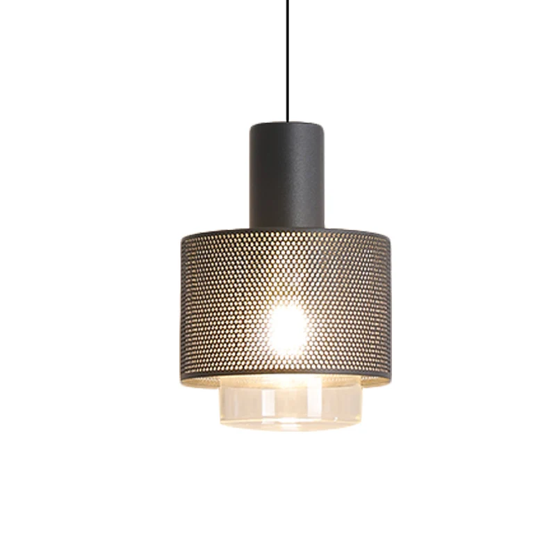 Moderne hangende plafondlamp met trommelgaas, ijzer, 1 kop, hangende plafondlamp zwart met cilindervormige helderglazen ka...