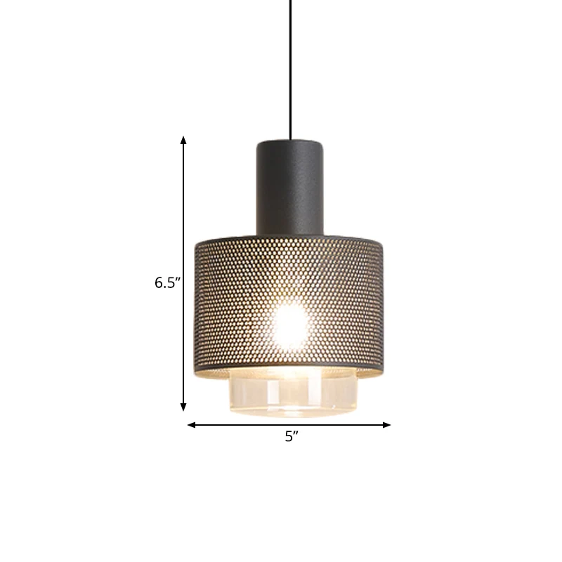 Moderne hangende plafondlamp met trommelgaas, ijzer, 1 kop, hangende plafondlamp zwart met cilindervormige helderglazen ka...