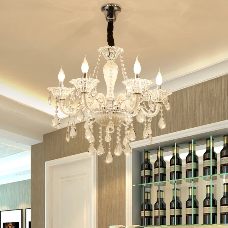 Moderne kaars hangende kroonluchter helder kristalglas 6 lampen woonkamer hangende plafondlamp wit Clearhalo