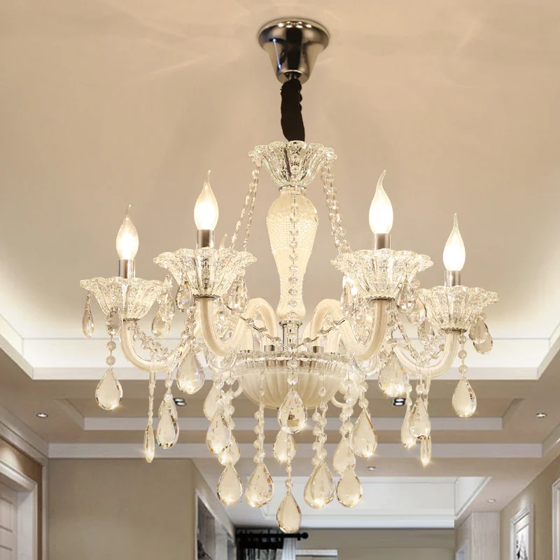 Moderne kaars hangende kroonluchter helder kristalglas 6 lampen woonkamer hangende plafondlamp wit Clearhalo