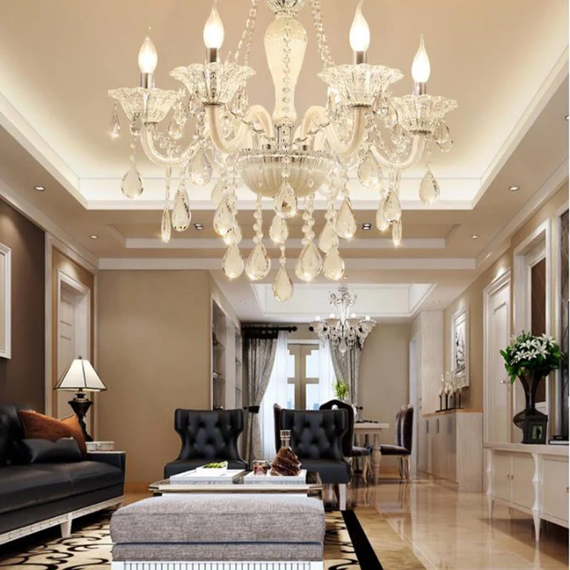 Moderne kaars hangende kroonluchter helder kristalglas 6 lampen woonkamer hangende plafondlamp wit Clearhalo