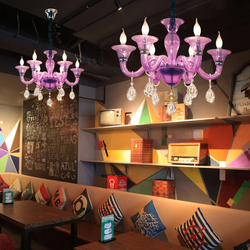 Moderne kandelaar hangende kroonluchter helder kristalglas 6 lampen restaurant hangende plafondlamp paars Clearhalo