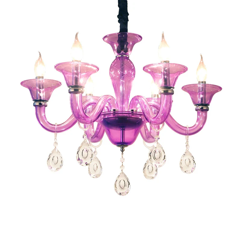 Moderne kandelaar hangende kroonluchter helder kristalglas 6 lampen restaurant hangende plafondlamp paars Clearhalo