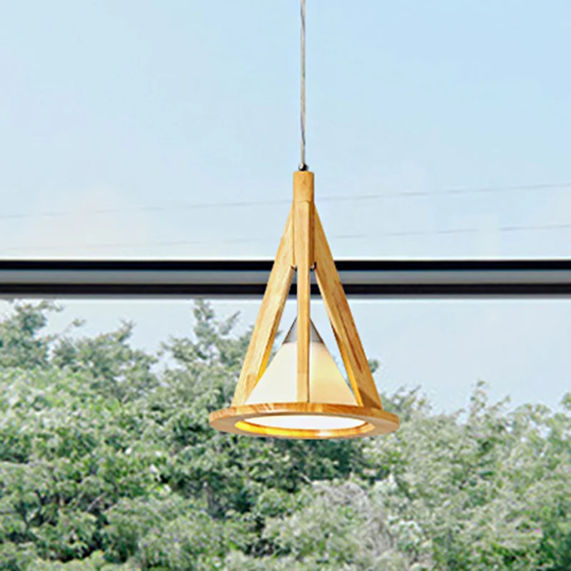 Moderne kegelvormige hanglamp van hout en matglas beige voor koffiebar Clearhalo