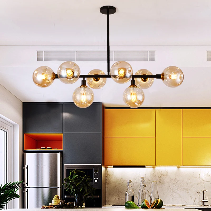 Moderne kogelvormige ophangverlichting Mondgeblazen glazen eetkamer eilandlamp zwart Clearhalo