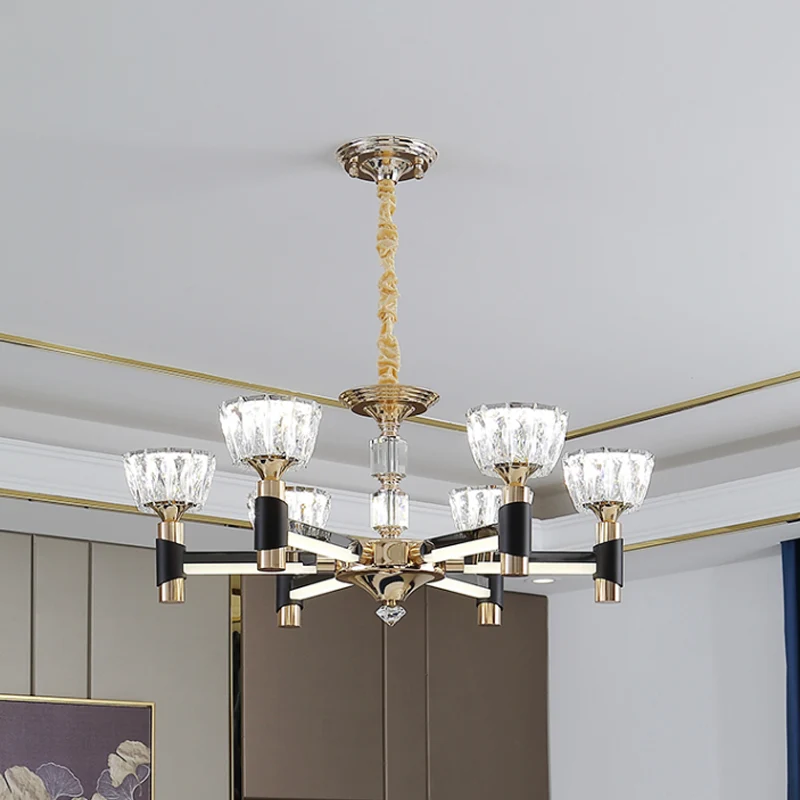 Moderne komvormige hanglamp 6/8 lichtkristallen rechthoekige LED-kroonluchterlamp zwart en goud Clearhalo