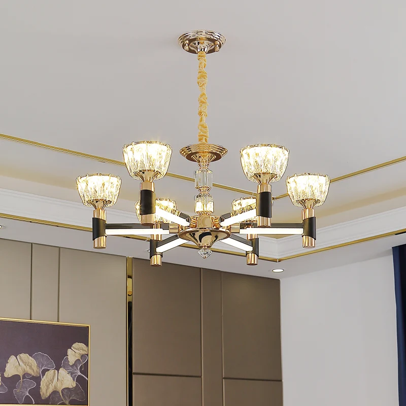 Moderne komvormige hanglamp 6/8 lichtkristallen rechthoekige LED-kroonluchterlamp zwart en goud Clearhalo