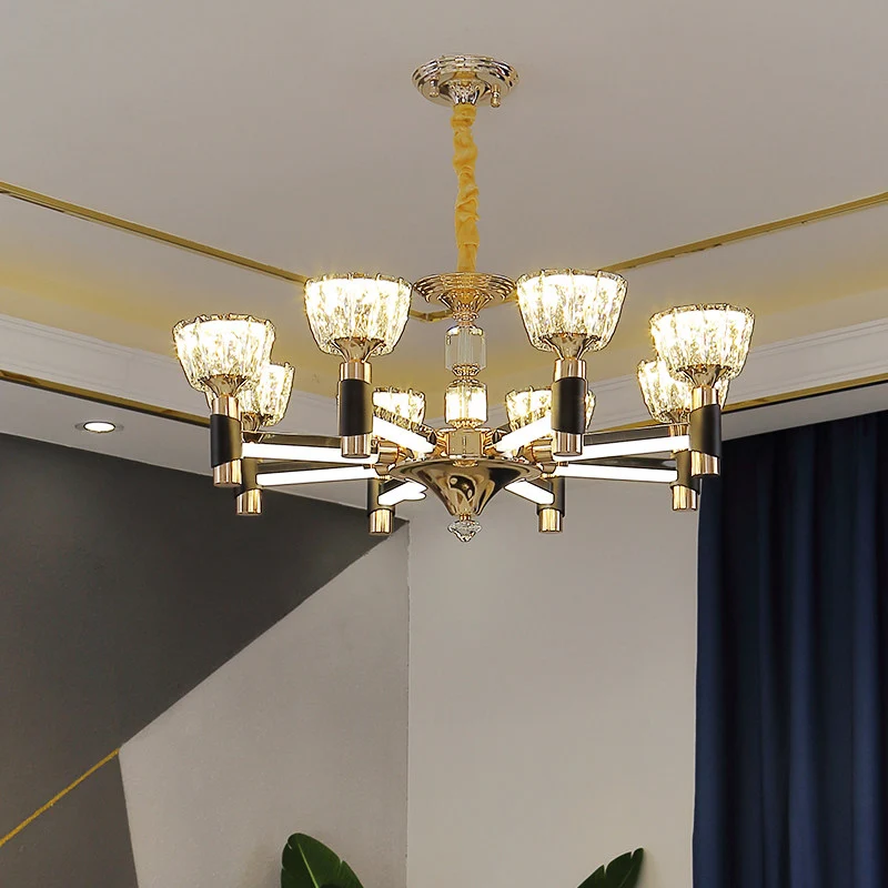 Moderne komvormige hanglamp 6/8 lichtkristallen rechthoekige LED-kroonluchterlamp zwart en goud Clearhalo