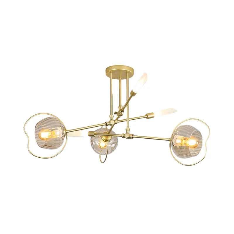 Moderne kroonluchter met 6/8 koppen, lichte gouden kom, plafondophanglamp met amberkleurige glazen kap Clearhalo