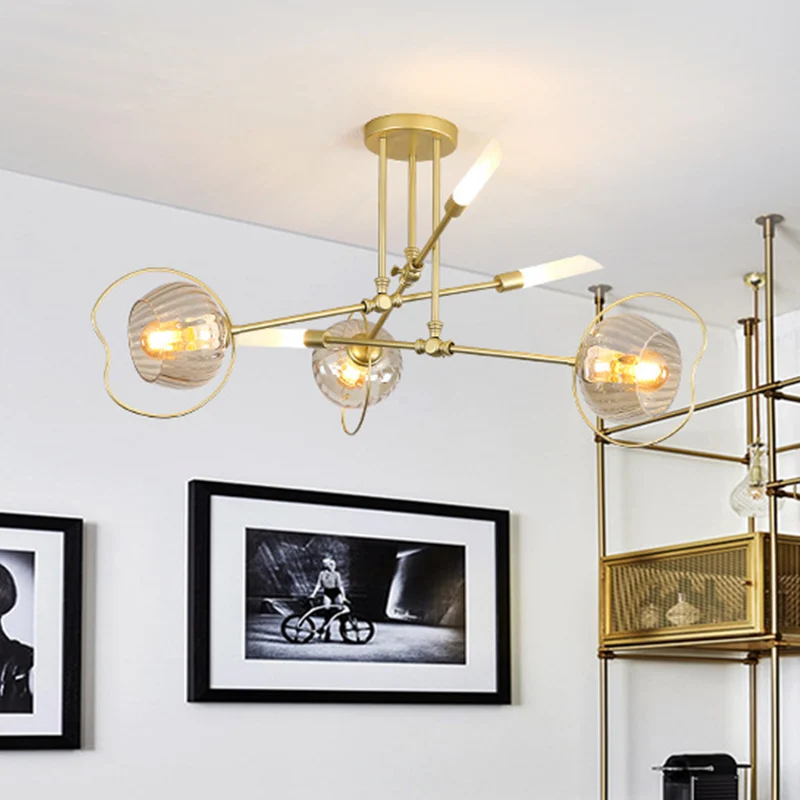 Moderne kroonluchter met 6/8 koppen, lichte gouden kom, plafondophanglamp met amberkleurige glazen kap Clearhalo