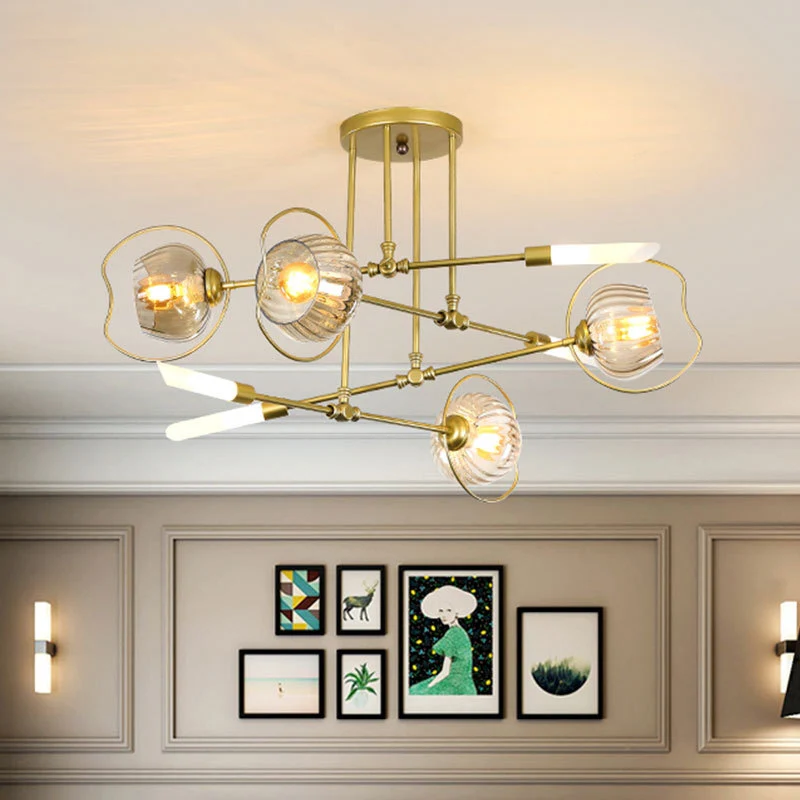 Moderne kroonluchter met 6/8 koppen, lichte gouden kom, plafondophanglamp met amberkleurige glazen kap Clearhalo