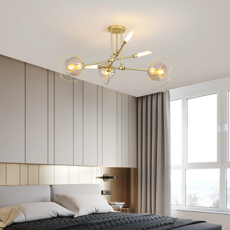 Moderne kroonluchter met 6/8 koppen, lichte gouden kom, plafondophanglamp met amberkleurige glazen kap Clearhalo