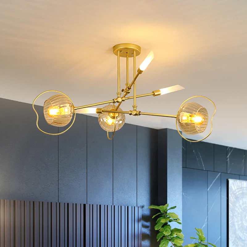 Moderne kroonluchter met 6/8 koppen, lichte gouden kom, plafondophanglamp met amberkleurige glazen kap Clearhalo