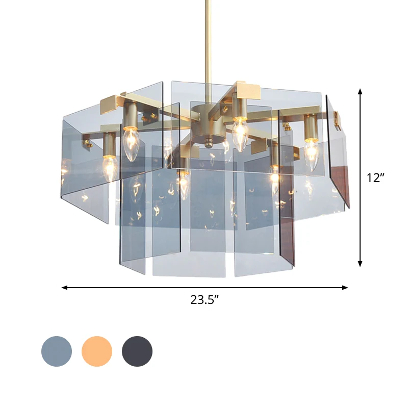 Moderne kroonluchterhanger met 6/8 lampen en helder acryl paneelkap bruin/amber/rookgrijs geometrische plafondlamp Clearhalo