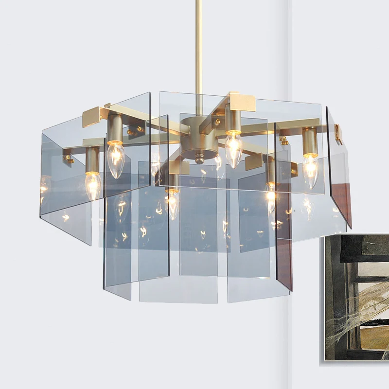 Moderne kroonluchterhanger met 6/8 lampen en helder acryl paneelkap bruin/amber/rookgrijs geometrische plafondlamp Clearhalo