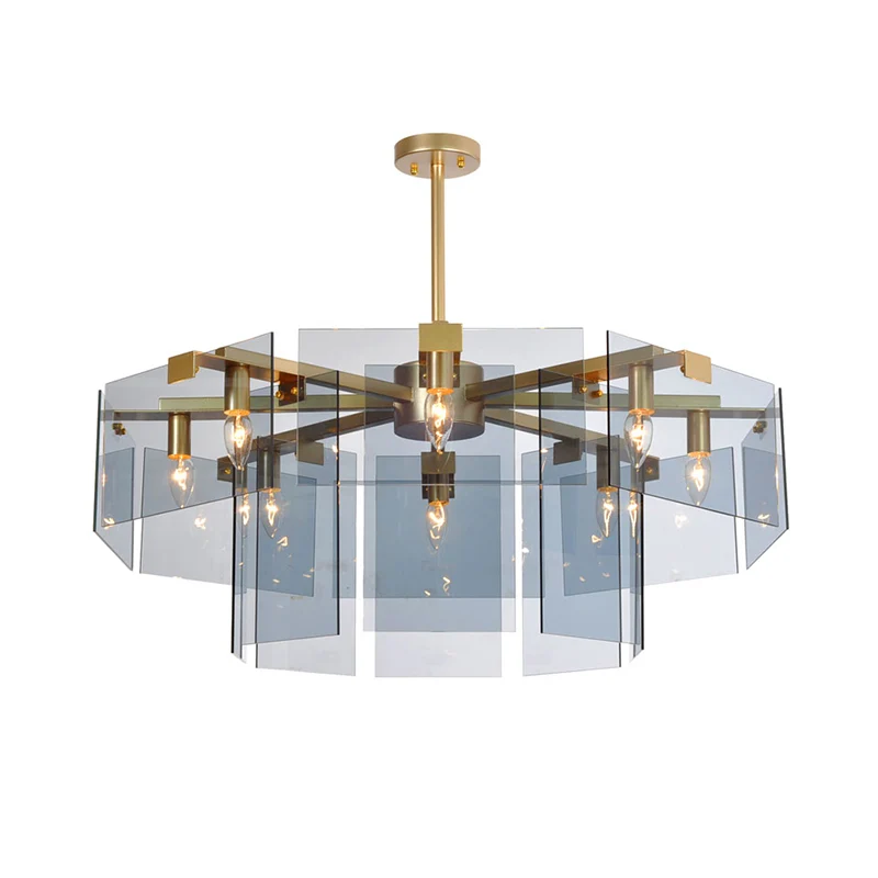 Moderne kroonluchterhanger met 6/8 lampen en helder acryl paneelkap bruin/amber/rookgrijs geometrische plafondlamp Clearhalo