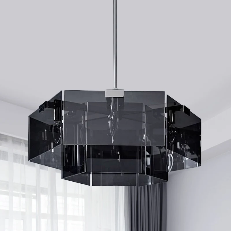 Moderne kroonluchterhanger met 6/8 lampen en helder acryl paneelkap bruin/amber/rookgrijs geometrische plafondlamp Clearhalo