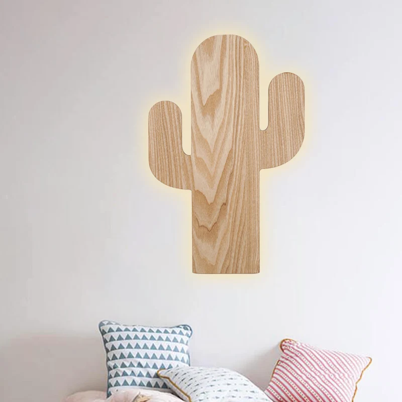 Moderne led-sconce-verlichting met houten kap beige auto/ananas/cactus wandgemonteerd licht voor slaapkamer Clearhalo