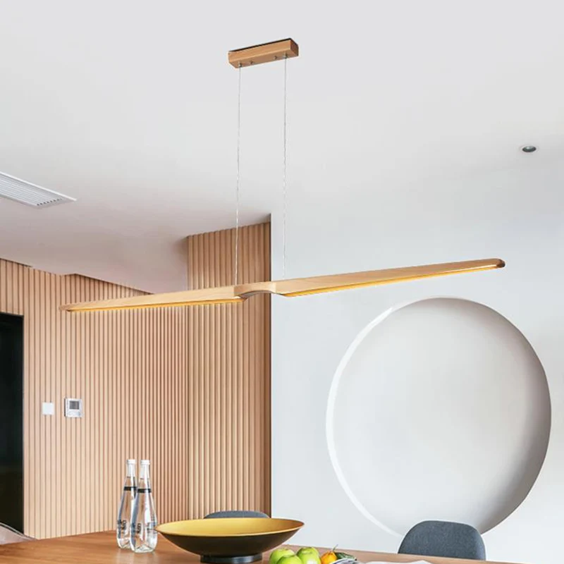 Moderne lineaire houten hanglamp, enkel licht LED hangend plafondlamp voor kantoor Clearhalo