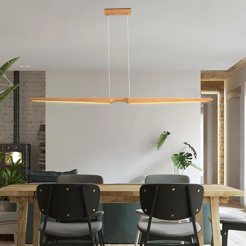 Moderne lineaire houten hanglamp, enkel licht LED hangend plafondlamp voor kantoor Clearhalo