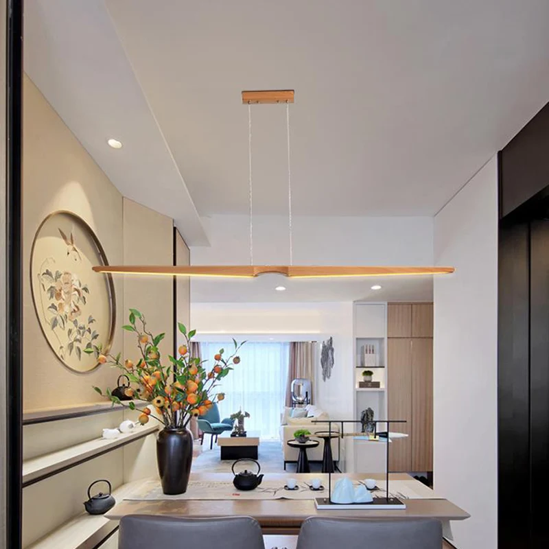 Moderne lineaire houten hanglamp, enkel licht LED hangend plafondlamp voor kantoor Clearhalo