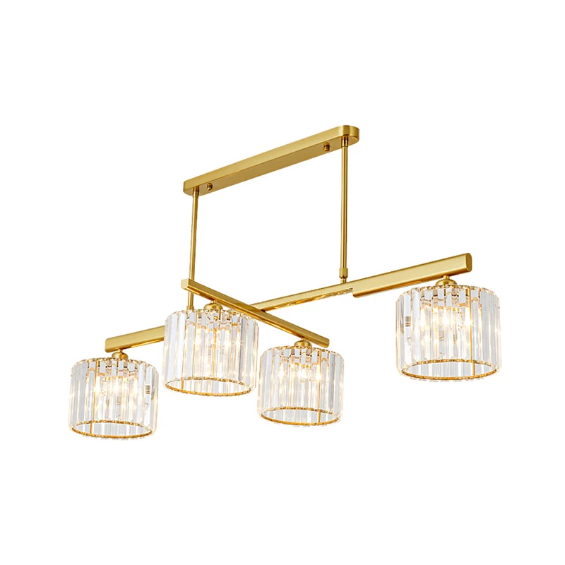 Moderne messing hanglamp metalen cilinder 4 lampen eilandverlichting met kristallen blok voor woonkamer Clearhalo