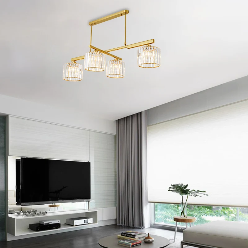 Moderne messing hanglamp metalen cilinder 4 lampen eilandverlichting met kristallen blok voor woonkamer Clearhalo