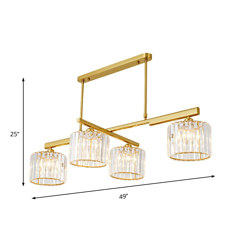 Moderne messing hanglamp metalen cilinder 4 lampen eilandverlichting met kristallen blok voor woonkamer Clearhalo