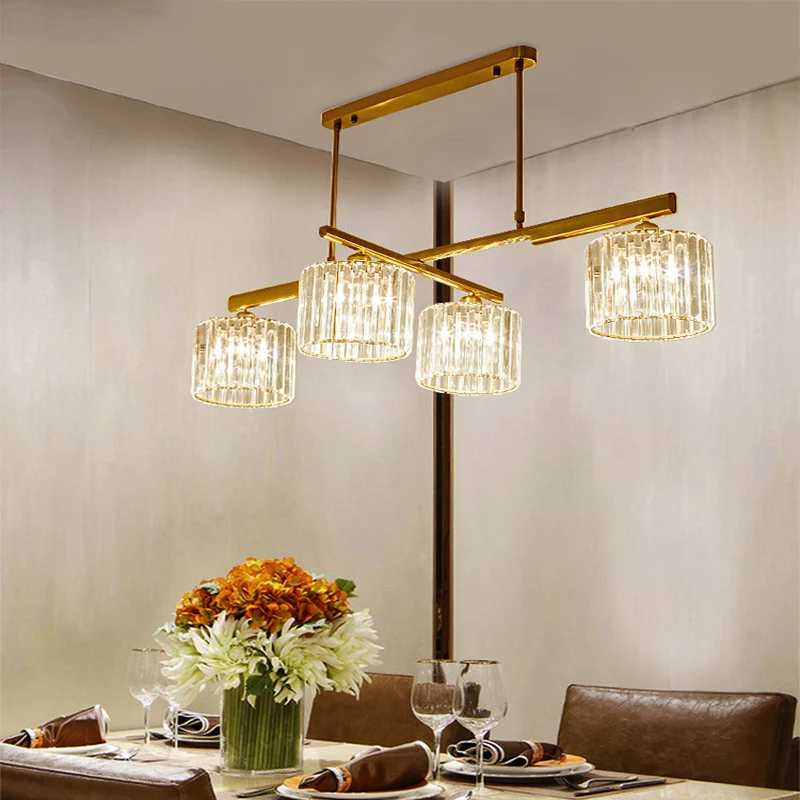 Moderne messing hanglamp metalen cilinder 4 lampen eilandverlichting met kristallen blok voor woonkamer Clearhalo