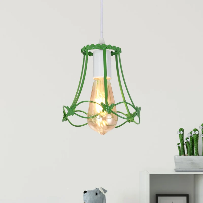 Moderne mini-hanglamp met draadkooi, 1 lichtmetalen hangende plafondlamp blauw/groen/geel Clearhalo
