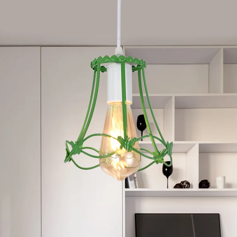 Moderne mini-hanglamp met draadkooi, 1 lichtmetalen hangende plafondlamp blauw/groen/geel Clearhalo