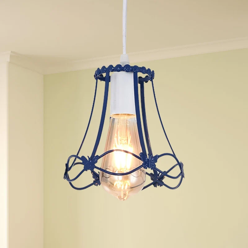 Moderne mini-hanglamp met draadkooi, 1 lichtmetalen hangende plafondlamp blauw/groen/geel Clearhalo