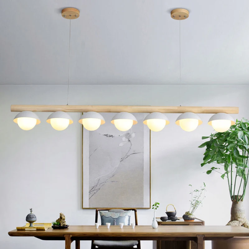 Moderne minimalistische lineaire houten eilandhangende grijze koepelvormige hangende eilandverlichting Clearhalo