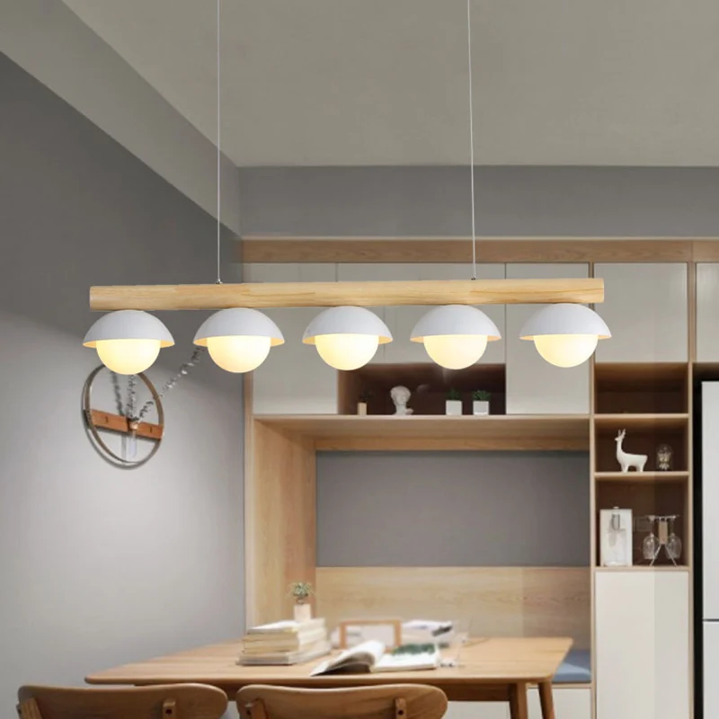 Moderne minimalistische lineaire houten eilandhangende grijze koepelvormige hangende eilandverlichting Clearhalo