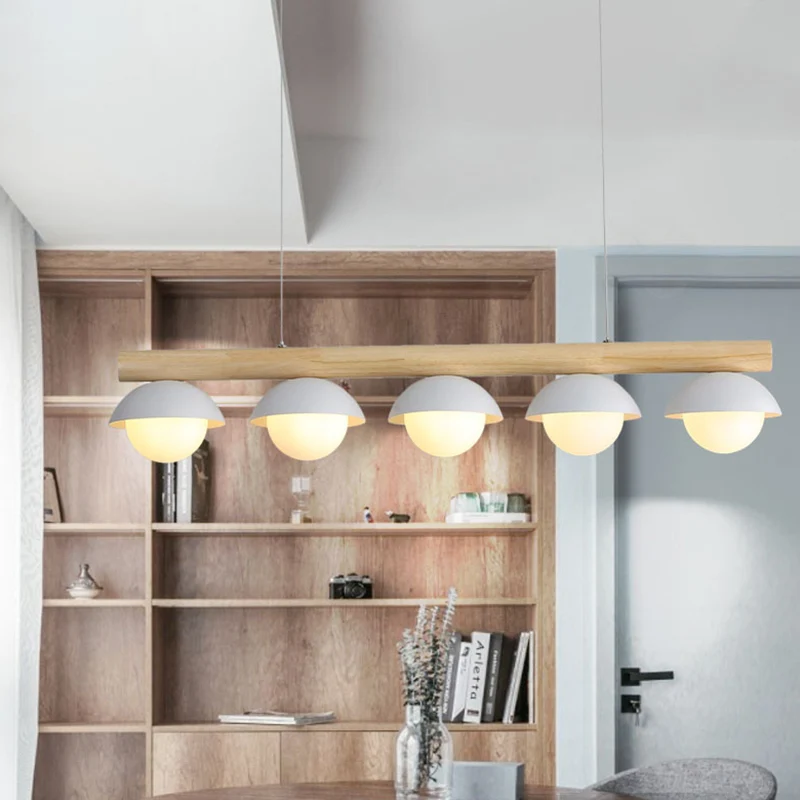 Moderne minimalistische lineaire houten eilandhangende grijze koepelvormige hangende eilandverlichting Clearhalo