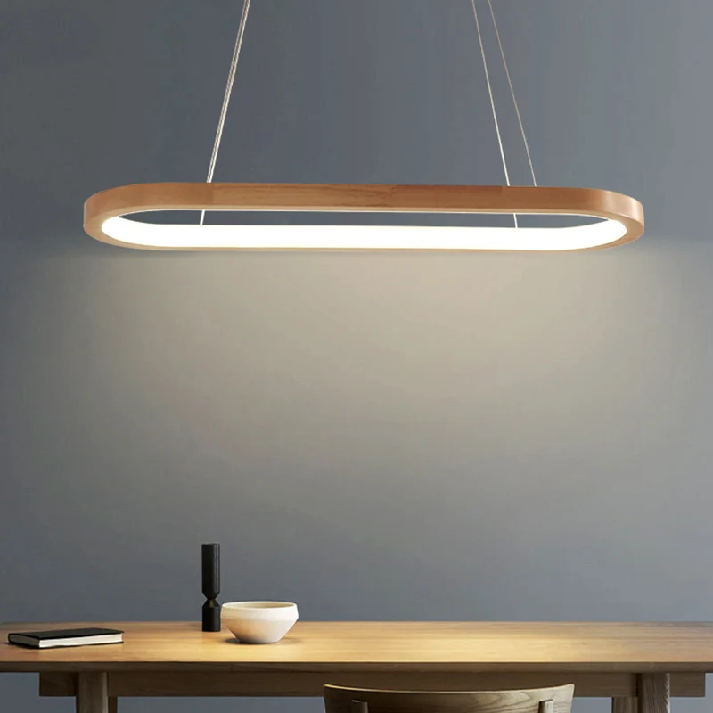 Moderne minimalistische ovale eilandlamp LED houten strip restaurant hanglamp Clearhalo